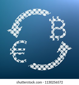 Currency exchange sign. Euro and Bitcoin. Vector. White textured icon at lapis lazuli gradient background.