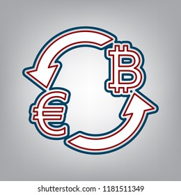 Currency exchange sign. Euro and Bitcoin. Vector. Dark red, transparent and midnight green stroke of white icon at grayish background.