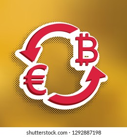 Currency exchange sign. Euro and Bitcoin. Vector. Magenta icon with darker shadow, white sticker and black popart shadow on golden background.