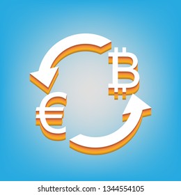 Currency exchange sign. Euro and Bitcoin. Vector. White icon with 3d warm-colored gradient body at sky blue background.