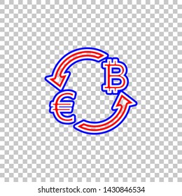 Currency exchange sign. Euro and Bitcoin. Red, white and contour icon at transparent background. Illustration.