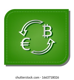 Currency exchange sign. Euro and Bitcoin. Silver gradient line icon with dark green shadow at ecological patched green leaf. Illustration.