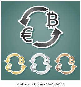 Currency exchange sign. Euro and Bitcoin. Set of metallic Icons with gray, gold, silver and bronze gradient with white contour and shadow at viridan background. Illustration.