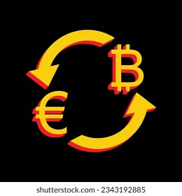 Currency exchange sign. Euro and Bitcoin. 3D Extruded Yellow Icon with Red Sides a Black background. Illustration.