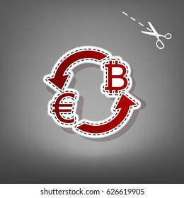 Currency exchange sign. Euro and Bitcoin. Vector. Red icon with for applique from paper with shadow on gray background with scissors.