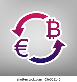 Currency exchange sign. Euro and Bitcoin. Vector. Purple gradient icon on white paper at gray background.