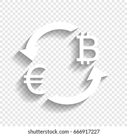 Currency exchange sign. Euro and Bitcoin. Vector. White icon with soft shadow on transparent background.