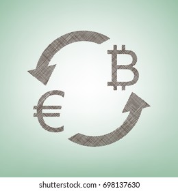 Currency exchange sign. Euro and Bitcoin. Vector. Brown flax icon on green background with light spot at the center.