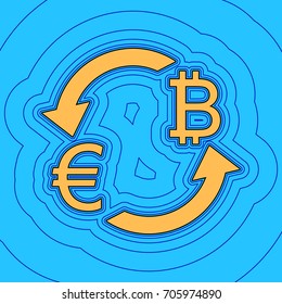 Currency exchange sign. Euro and Bitcoin. Vector. Sand color icon with black contour and equidistant blue contours like field at sky blue background. Like waves on map - island in ocean or sea.