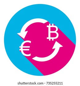 Currency exchange sign. Euro and Bitcoin. Vector. Flat white icon with mexican pink shadow inside sky blue(S and G) circle at white background. Isolated. Trend colors in 2017.