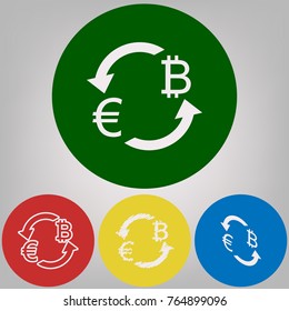 Currency exchange sign. Euro and Bitcoin. Vector. 4 white styles of icon at 4 colored circles on light gray background.