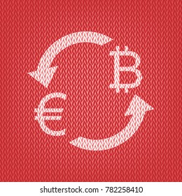 Currency exchange sign. Euro and Bitcoin. Vector. Knitted white icon on a red knitted background.