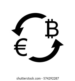 Currency exchange sign. Euro and Bitkoin. Flat style black icon on white.
