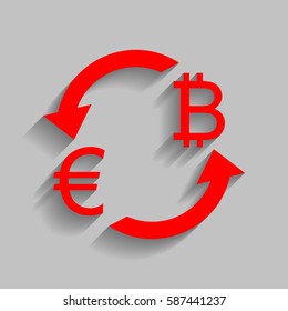 Currency exchange sign. Euro and Bitkoin. Vector. Red icon with soft shadow on gray background.