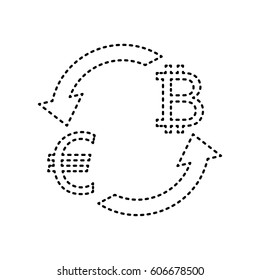 Currency exchange sign. Euro and Bitkoin. Vector. Black dashed icon on white background. Isolated.