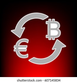 Currency exchange sign. Euro and Bitkoin. Postage stam or old photo style on red-black gradient background.