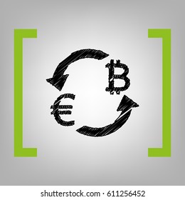 Currency exchange sign. Euro and Bitkoin. Vector. Black scribble icon in citron brackets on grayish background.