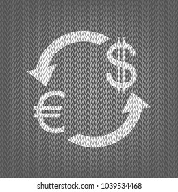Currency exchange sign. Euro and Dollar. Vector. White knitted icon on gray knitted background. Isolated.