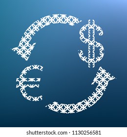 Currency exchange sign. Euro and Dollar. Vector. White textured icon at lapis lazuli gradient background.