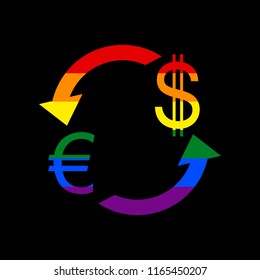 Currency exchange sign. Euro and Dollar. Vector. Icon with colors of LGBT flag at black background.