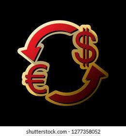 Currency exchange sign. Euro and Dollar. Vector. Red icon with small black and limitless shadows at golden sticker on black background.