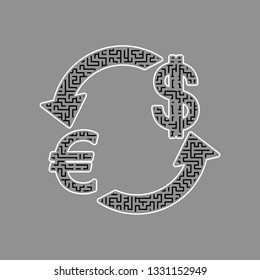 Currency exchange sign. Euro and Dollar. Vector. Black maze filled icon with white border at gray background.