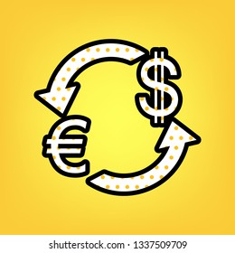 Currency exchange sign. Euro and Dollar. Vector. Yellow polka dot white icon with black contour at warm yellow background.