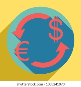 Currency exchange sign. Euro and Dollar. Sunset orange icon with llapis lazuli shadow inside medium aquamarine circle with different goldenrod shadow at royal yellow background.
