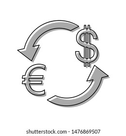 Currency exchange sign. Euro and Dollar. Black line icon with gray shifted flat filled icon on white background. Illustration.