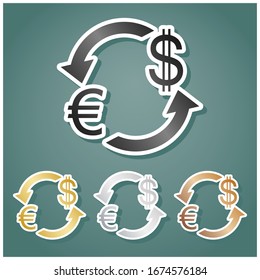 Currency exchange sign. Euro and Dollar. Set of metallic Icons with gray, gold, silver and bronze gradient with white contour and shadow at viridan background. Illustration.
