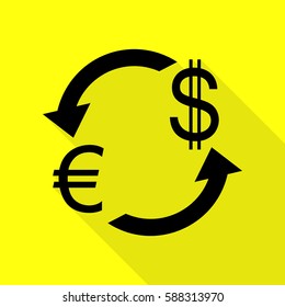 Currency exchange sign. Euro and Dollar. Black icon with flat style shadow path on yellow background.