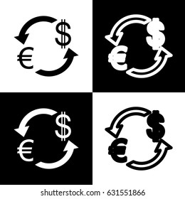 Currency exchange sign. Euro and Dollar. Vector. Black and white icons and line icon on chess board.