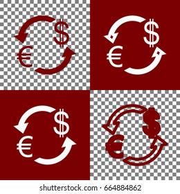 Currency exchange sign. Euro and Dollar. Vector. Bordo and white icons and line icons on chess board with transparent background.