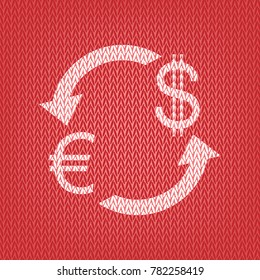 Currency exchange sign. Euro and Dollar. Vector. Knitted white icon on a red knitted background.