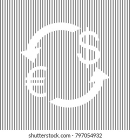 Currency exchange sign. Euro and Dollar. Vector. White icon on grayish striped background. Optical illusion.