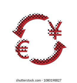Currency exchange sign. Euro and Japan Yen. Vector. Brown icon with shifted black circle pattern as duplicate at white background. Isolated.