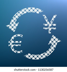 Currency exchange sign. Euro and Japan Yen. Vector. White textured icon at lapis lazuli gradient background.