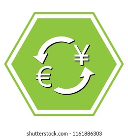 Currency exchange sign. Euro and Japan Yen. Vector. White icon with black shadow at yellow green honeycomb on white background.