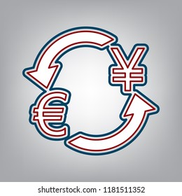 Currency exchange sign. Euro and Japan Yen. Vector. Dark red, transparent and midnight green stroke of white icon at grayish background.