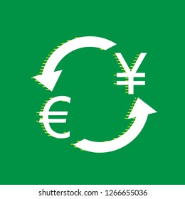 Currency exchange sign. Euro and Japan Yen. Vector. White flat icon with yellow striped shadow at green background.