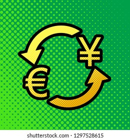 Currency exchange sign. Euro and Japan Yen. Vector. Pop art orange to yellow dots-gradient icon with black contour at greenish background.
