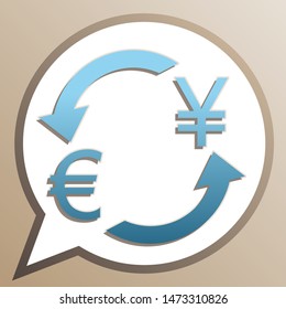 Currency exchange sign. Euro and Japan Yen. Bright cerulean icon in white speech balloon at pale taupe background. Illustration.