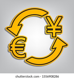 Currency exchange sign. Euro and Japan Yen. Flat orange icon with overlapping linear black icon with gray shadow at whitish background. Illustration.