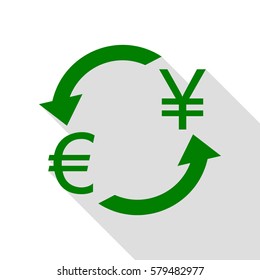Currency exchange sign. Euro and Japan Yen. Green icon with flat style shadow path.