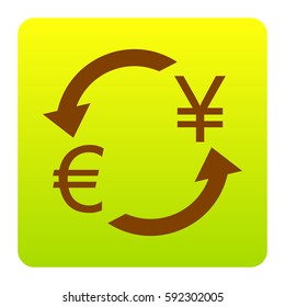 Currency exchange sign. Euro and Japan Yen. Vector. Brown icon at green-yellow gradient square with rounded corners on white background. Isolated.