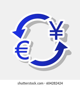 Currency exchange sign. Euro and Japan Yen. Vector. New year bluish icon with outside stroke and gray shadow on light gray background.
