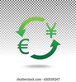 Currency exchange sign. Euro and Japan Yen. Vector. Green gradient icon with shadow at bottom on transparent and white background.