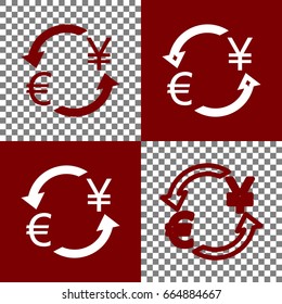 Currency exchange sign. Euro and Japan Yen. Vector. Bordo and white icons and line icons on chess board with transparent background.