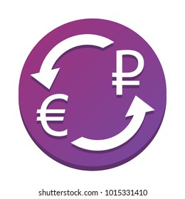 Currency exchange sign. Euro and Russia Ruble. Vector. White icon with flat shadow on purpureus circle at white background. Isolated.