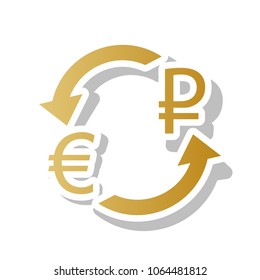 Currency exchange sign. Euro and Russia Ruble. Vector. Golden gradient icon with white contour and rotated gray shadow at white background.